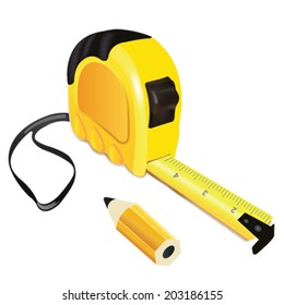 Yellow roulette measure building tool with pencil on white background.