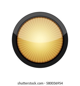 Yellow round button with a black frame. Vector illustration. Round button with rays inside, isolated on white background.
