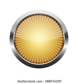 Yellow round button with a metal frame. Vector illustration. Round button with rays inside, isolated on white background.