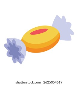 Yellow round candy with a red center wrapped in blue paper is lying on a white background