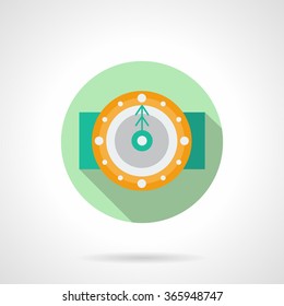 Yellow round classic wall clock with green fir arrow. Midnight. Winter holidays time. Green round flat vector icon with long shadow. Element for web design, business, mobile app.