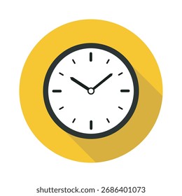Um relógio redondo amarelo com as mãos pretas, mostrando a hora, sobre um fundo branco. Elegante, ícone de vetor plano de um elemento de manutenção de tempo.