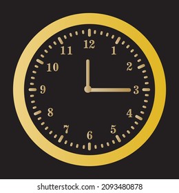 Yellow round clock with yellow needles illustration on black background.