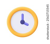 Yellow round clock. Time keeping , measurement of time, time management and deadline concept. 3d vector icon. Cartoon minimal style.