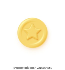 Yellow round coin or button with star vector illustration. 3d gold glossy elegant circle design for empty emblem, medal or badge isolated on white background.