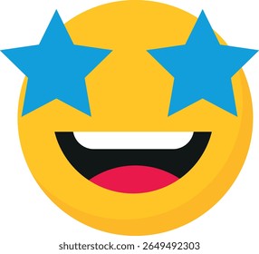Yellow round emoji with blue star-shaped eyes and an open mouth with tongue out, conveying excitement and joy in a playful, minimalist digital illustration.