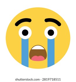 A yellow round face emoji crying with large blue tears streaming down, open mouth, and wide eyes. Represents sadness, grief, crying, and emotional distress in digital messaging.