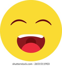 Yellow round face icon with closed crescent eyes and wide open mouth expressing joy or laughter, suitable for playful, expressive, or emotional digital design elements