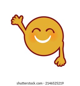 Yellow round face sun with hands smiling and waving. Vector cartoon icon.
