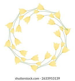 Yellow round frame featuring detailed foliage and tulips. Abstract botanical illustration perfect for banners and greeting cards in vector