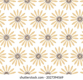 Patrón de ornamentos geométricos redondos amarillos. Gráfico vectorial. Papel tapiz de elementos florales. Diseño sencillo y moderno. Arte abstracto. Impresión decorativa para baldosas, papel envolvente, textiles, tela, fondo