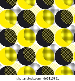 Yellow round geometry seamless pattern vector illustration surface design for print and web. Memphis post-modernist style motif. Pop art repeatable fabric sample.