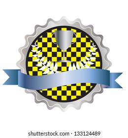 Yellow round motor badge with trophy, vector format