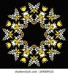 Yellow round ornament on black background. Ethnic floral mandala. Vector art
