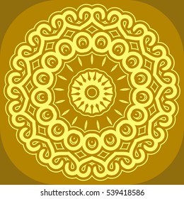 Yellow round ornamental background with decorative snowflakes. Gold Xmas napkin design in flat and simple style