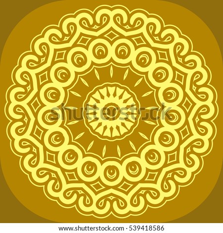 Yellow round ornamental background with decorative snowflakes. Gold Xmas napkin design in flat and simple style