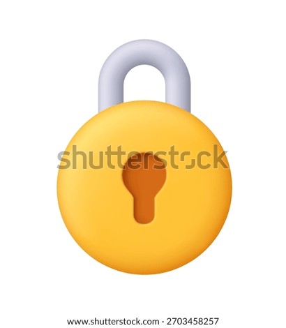 Yellow round padlock with silver curved shackle and keyhole. Security, safety, encryption, protection and privacy concept. 3d vector icon. Cartoon minimal style.