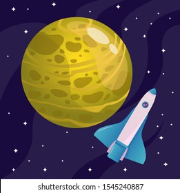 Yellow round planet with dark spots on it, white and blue rocket is studying it