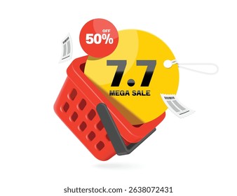 Yellow round promotion sign tag label with rope for hanging with text 7.7 mega sale placed in red shopping basket for advertising campaign design on seventh day of seventh month, vector 3d isolated