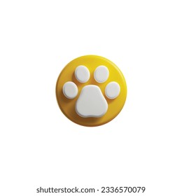 Yellow round shape with cat paw print 3D style, vector illustration isolated on white background. Realistic decorative design element for grooming service or pet shop