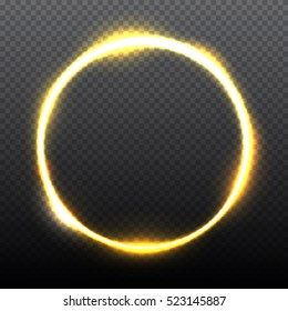 Yellow round shining circle frame isolated on transparent background. Beautiful abstract luxury light ring. Vector illustration.