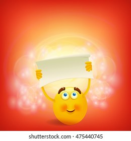 Yellow round smiley face with paper banner template. Vector illustration