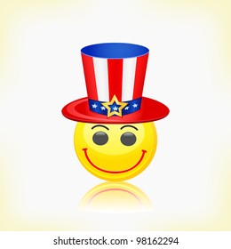 Yellow Round Smiley Face Wearing American Hat. Vector Illustration on 4th July