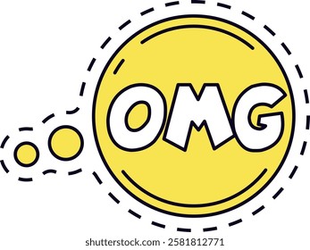 Yellow round speech bubble with a dashed outline displaying an OMG message, conveying surprise and astonishment, connected to three smaller yellow circles for a dynamic effect