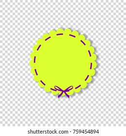 Yellow round stamp with violet ribbon in paper cut out style isolated on transparent background. Vector illustration, template with space for text.