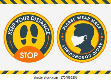 Yellow round sticker for print. Keep your distance. Please wear Mask avoid spreading coronavirus. Social distancing concept.