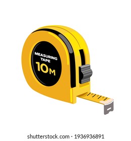 Yellow round tape measure. Carpenter's measurement tool with unit scale.