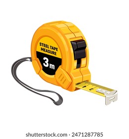 Yellow round tape measure. Cartoon isolated yellow tool of builder or architect with line scales on ruler tape to measure length or distance, plastic roulette equipment for measurement