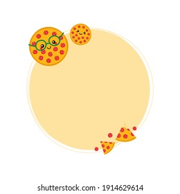Yellow round vector background with cute happy cartoon pizza characters for fast food design.
