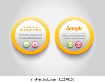 Yellow round vector plastic badge with colorful border and OK / Cancel buttons
