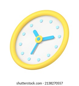 Yellow round watch 3d icon vector illustration. Circle minute and hours arrows for time checking. Infographic application button for awake business reminder