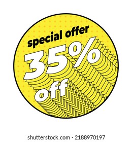 Yellow Rounded Discount Label 35 Percent Off In The Pop Art Dotted Style With Isometric Bordered Typography.