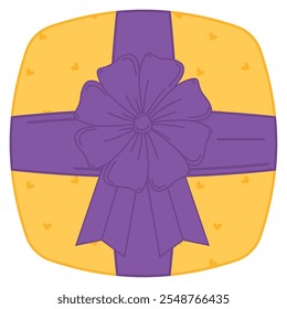 Gelb abgerundete Geschenkbox mit violetter Schleife und Herzdesign, Vektor