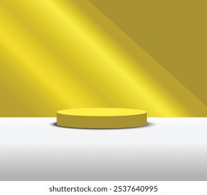 Yellow rounded pedestal podium stage display, Empty bright room background. Abstract modern vector rendering 3d shape for products display
