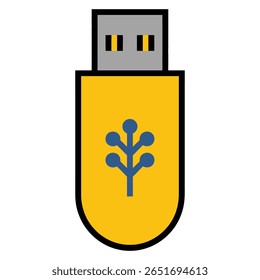 Ícone de unidade USB de retângulo arredondado amarelo com um design estilizado de ramificação azul em um plano de fundo branco. Contorno preto e arrojado.