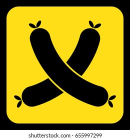 yellow rounded square information road sign with black two crossed sausages icon and frame