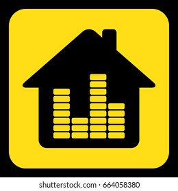 yellow rounded square information road sign with black house with equalizer icon and frame