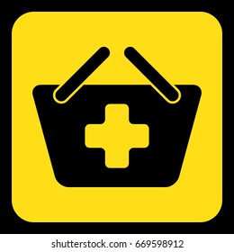 yellow rounded square information road sign with black shopping basket plus icon and frame