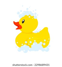 Yellow rubber bath duck in foam with bubbles. Vector illustration in trendy flat style isolated on white background.