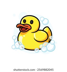 Yellow Rubber Bath Duck with Foam Bubbles Cartoon Icon Vector Illustration. Isolated background.