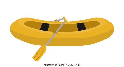 Yellow rubber boat flat vector illustration. Paddling hobby, rafting extreme water sport isolated clipart on white background. Fishing equipment. Inflatable rubber vessel cartoon design element