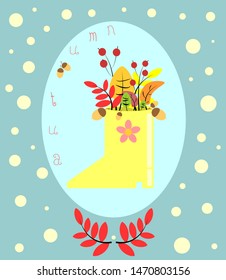 Yellow rubber boot decorated with fall autumn foliage leaves twigs branches bouquet in oval frames. Vector illustration for print, decor, postcard or kids books.