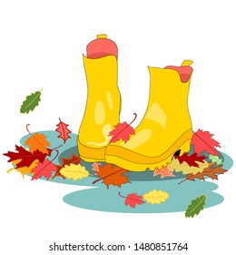 Yellow rubber boots autumn leaves and puddle of water rainy weather vector illustration