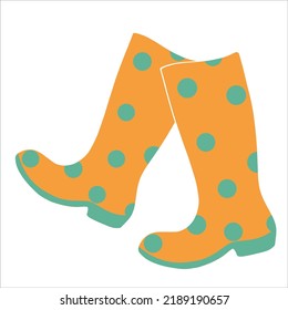 Yellow rubber boots with blue polka dots on a white background. Vector illustration. Element of autumn clothes.