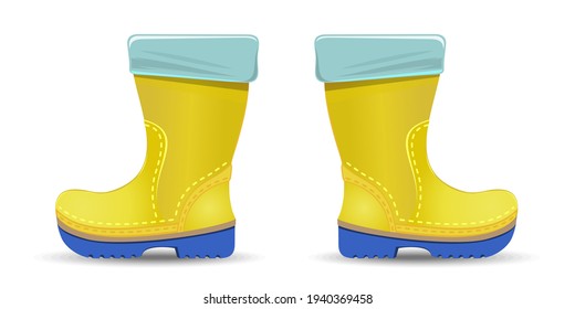 Yellow rubber boots with blue sole. Gumboots, gums, watertights isolated on white background. Vector illustration