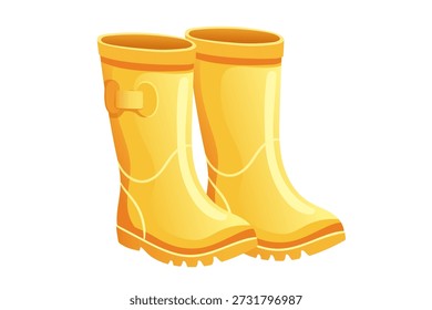 Yellow rubber boots with buckles and protective soles isolated on white background. Bright waterproof footwear for autumn rainy season. Modern cartoon style. Vector illustration